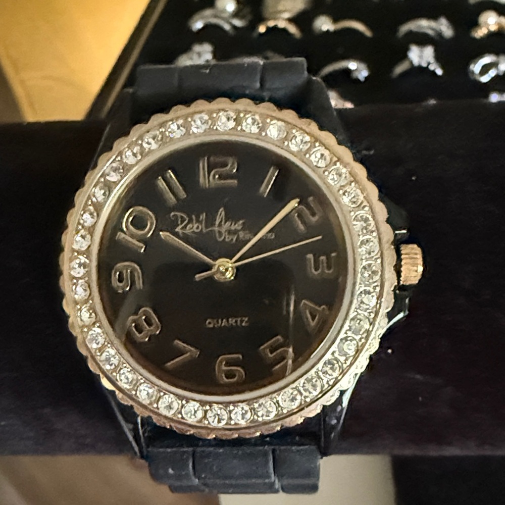 Black Quartz Watch with Crystal Accents